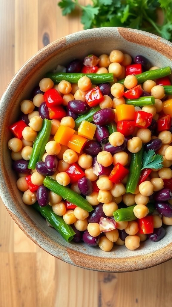South African Three Bean Salad Recipe A colorful three bean salad with kidney beans, chickpeas, green beans, and bell peppers in a rustic bowl on a wooden table.